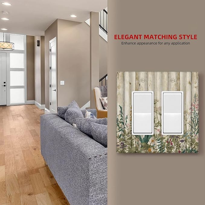 Vintage Wild Flowers Botanical Green Leaves Plants 2 Gang Rocker Decora Light Switch Covers Decorative Rustic Wood Plank Dual Outlet Covers Wall Plate Electrical Faceplate Switchplate GFCI