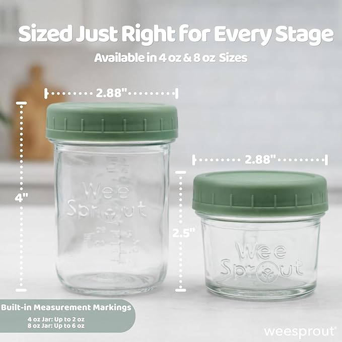 WeeSprout Baby Food Storage Glass Jars w/Lids (4 oz, 24 Pack) Bright Variety, Snack, Reusable Small Containers, Fridge or Freezer, Microwave & Dishwasher Safe, Essentials for Infants