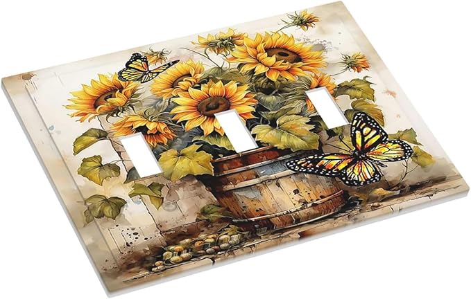 Decorative Switch Plates Rustic Vintage Sunflower Bouquet Butterfly 3 Gang Wall Plate Faceplate Triple Toggle Light Switch Cover Electrical Wall Panels for Farmhouse Cabin Decor