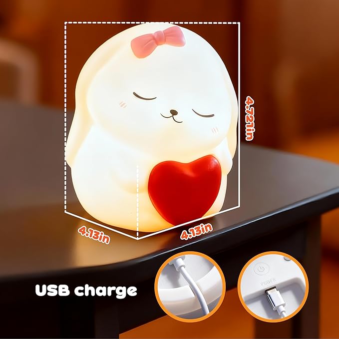 Rechargeable Rabbit Night Light for Kids: Soft silicone squishy LED with 7 colors & dimming. Fits college dorms, baby rooms; great for breastfeeding. Ideal gifts for girls & boys.