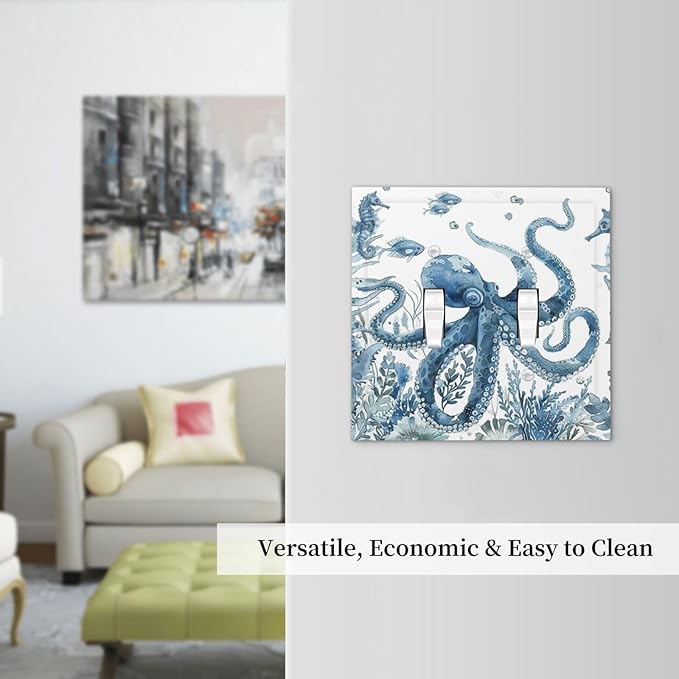 Blue Octopus Squid Seahorse Coral Watercolor Wild Sealife Decorative Switch Plates 2 Gang Double Toggle Outlet Light Switch Cover Wall Plate Electrical Faceplate for Bathroom Kids Room Decor