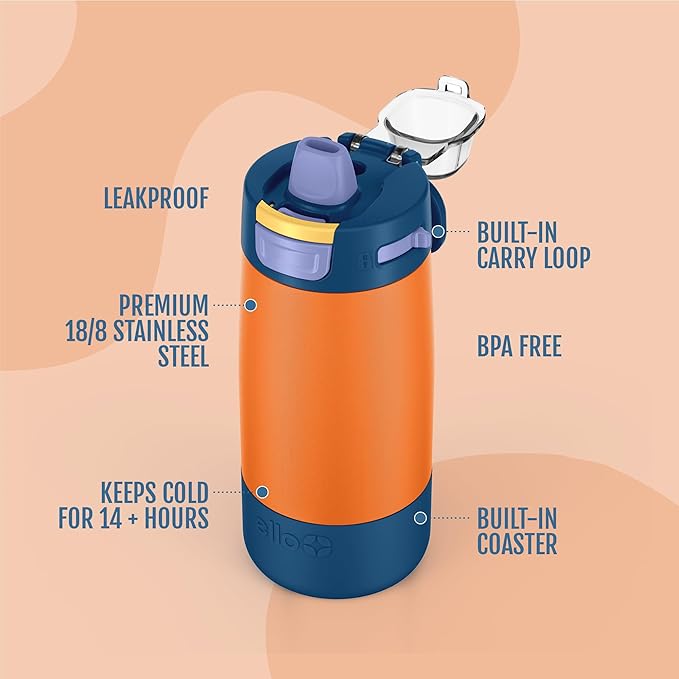 Ello Kids Colby 12oz Stainless Steel Insulated Water Bottle with Straw and Built-In Silicone Coaster Carrying Handle and Leak-Proof Locking Lid for School Backpack, Lunchbox, and Outdoor Sports