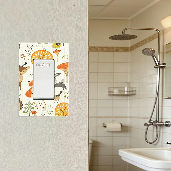 Cute Woodland Animals Single Rocker Switch Cover - 1-Gang Standard US Size Forest Pattern Trees Mushrooms and Berries Light Switch Covers for Boys & Girls Bedroom Decor