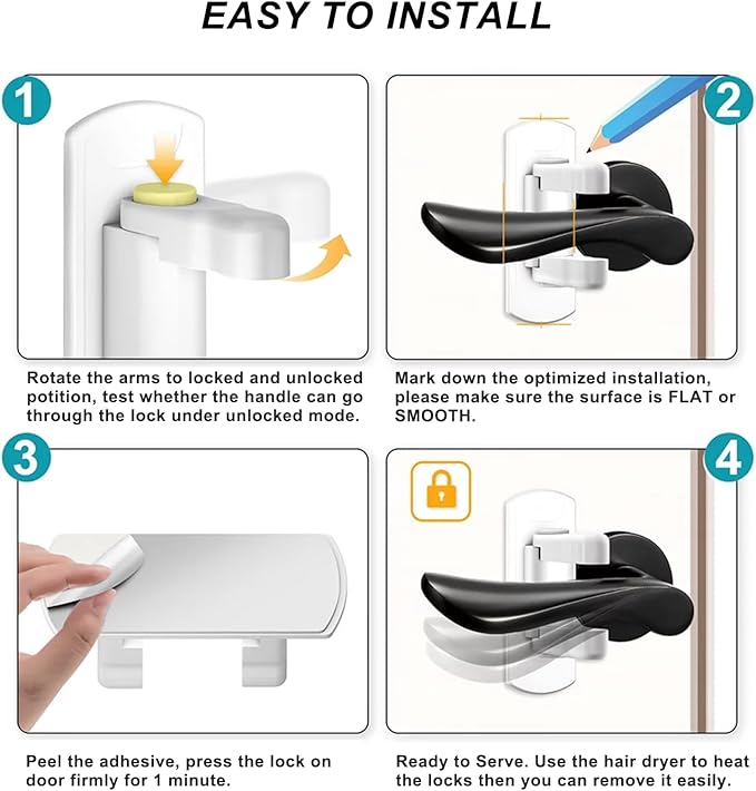 Matenf Childproof Door Lever Lock (2 Pack) Prevents Toddlers Pets From Opening Doors, Door Handle Lock for Babyproofing, Durable Safe ABS Material Strong Adhesive, No Drill Tool Needed Easy to Install