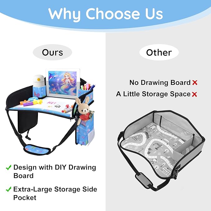 Kids Travel Tray for Car Seat, Road Trip Essentials for Toddler, Carseat Lap Tray with Dry Erase Board & Storage Organizer for Activities, Bluish Violet