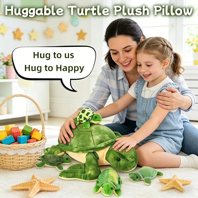 5 Piece Sea Turtle Stuffed Animal with Babies, 12'' Mommy Stuffed Turtle Plush Pillow Toy with 3 Baby Turtles Surprise Tortoise Plushies Toys for Kids Toddler Birthday Party Favors