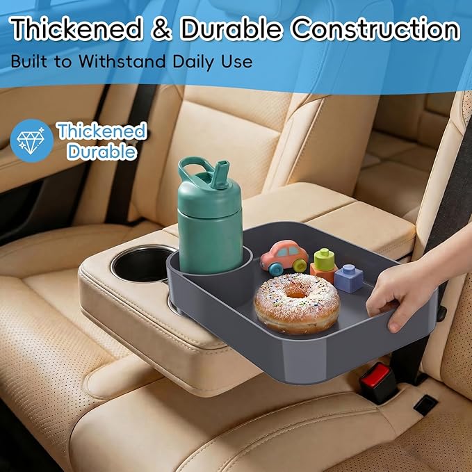 Kids Car Seat Tray, Travel Tray with Cup Holder for Toddler Baby, Kids Car Seat Food Snack Organizer for Road Trip, Stroller Snack Organizer Travel Must Haves Toddler Must Haves (Dark Gray, 1PCS)