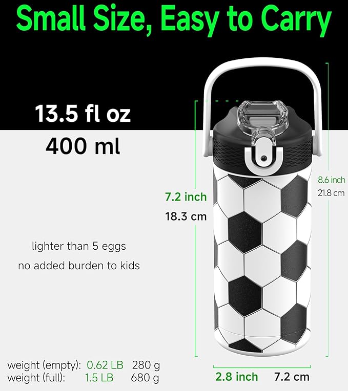 MYFOREST 14oz/400ml Insulated Kids Water Bottle, Odor-Free Surgical Grade Liner, Dishwasher-Safe, Name Spot, Soft Sipper, Gift for Sports Fan (Soccer)