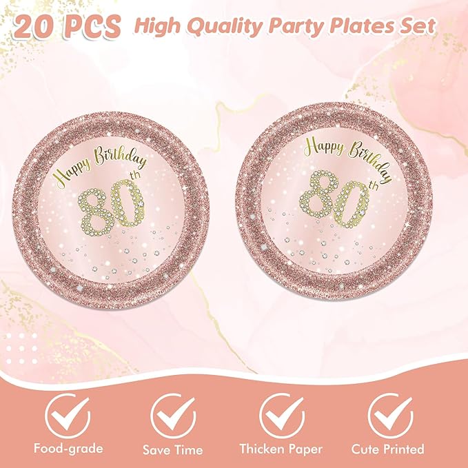 Ryzovo 41Pcs 80th Birthday Decorations, Rose Gold Birthday Party Supplies Include 20Pcs Plates 20Pcs Napkins and 1Piece Tablecloth, Sweet Eighty Year Old Birth Party Tableware for Girl Ladies Women