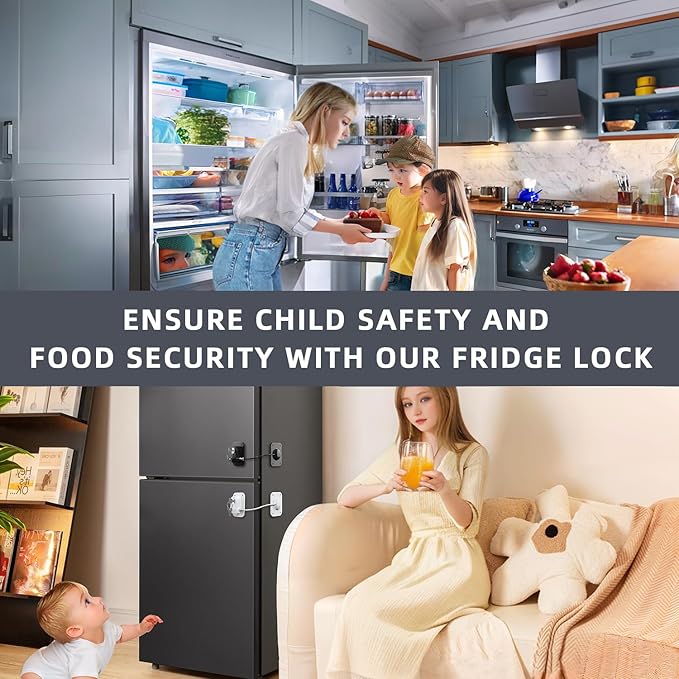 RORMGO Refrigerator Lock 2 Packs, Baby Proofing Fridge Locks with Silicone Wire Protection & Key - Easy Install Surface-Friendly for Freezer & Refrigerator, Black & White