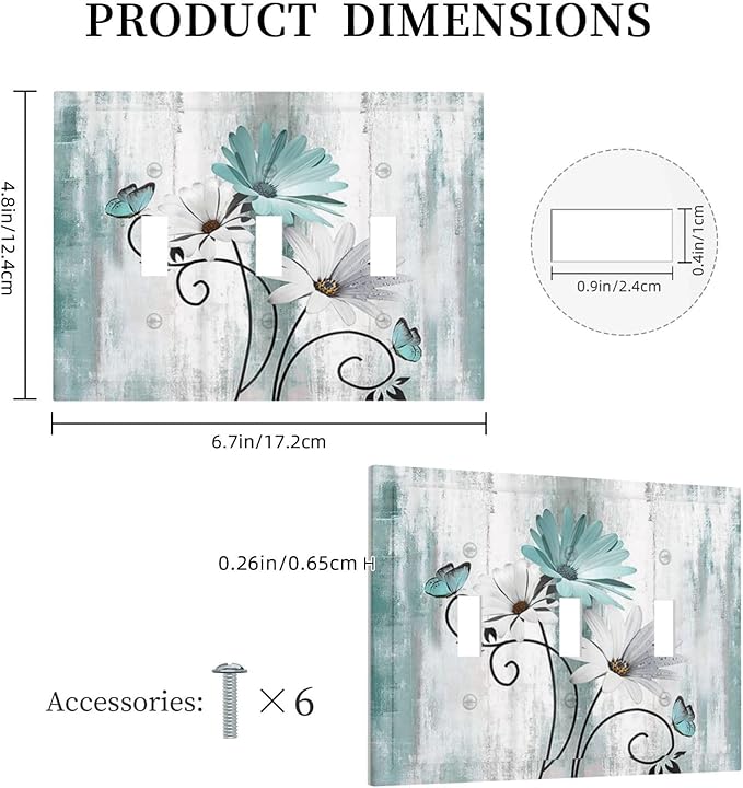 Teal Daisy Vintage Flower Butterfly Rustic Wood Print Decorative Switch Plates 3 Gang Wall Plate Triple Toggle Light Switch Cover Faceplate Electrical Wall Panels for Farmhouse Home Decor