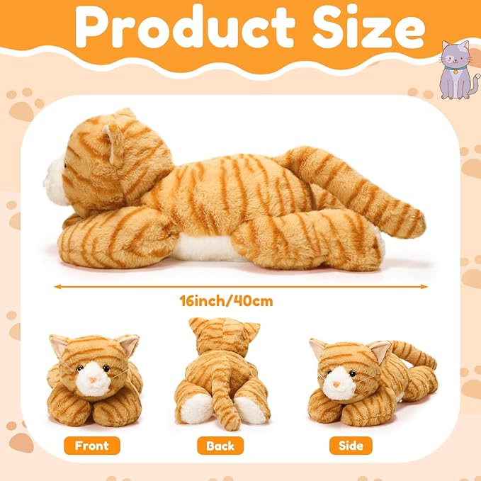 Libima 2 Pcs 16 Inch Cat Stuffed Animals 1.5 Lbs Orange Realistic Gray Cat Plush Toy Soft Stuffed Kitten Sensory Comfort Plush Throw Pillow for Adults Kids Christmas Birthday Gifts(Striped)