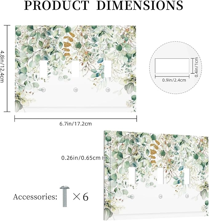 Gold Green Eucalyptus Leaves Plants Flowers Floral Decorative Switch Plates 3 Gang Wall Plate Triple Toggle Light Switch Cover Faceplate Electrical Wall Panels for Bedroom Living Room Decor