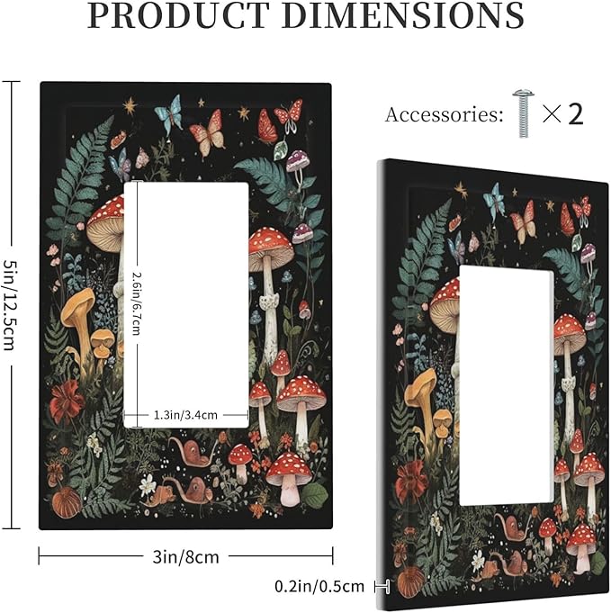 Cartoon Floral Mushroom forest Butterfly Flowers Decorative Outlet Covers 1 Gang Single Rocker Wall Plates Gfci Faceplate Light Switch Cover Plate for Bedroom Kids Room Decor