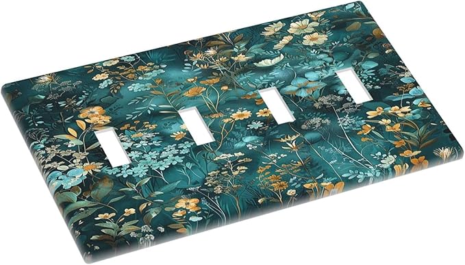 Light Switch Covers Green Leaf Floral Boho Golden Flower Plant Quad Toggle Electrical Faceplate 4 Gang Wall Plate Decorative Switch Plates For Bed Room Cabin Decor