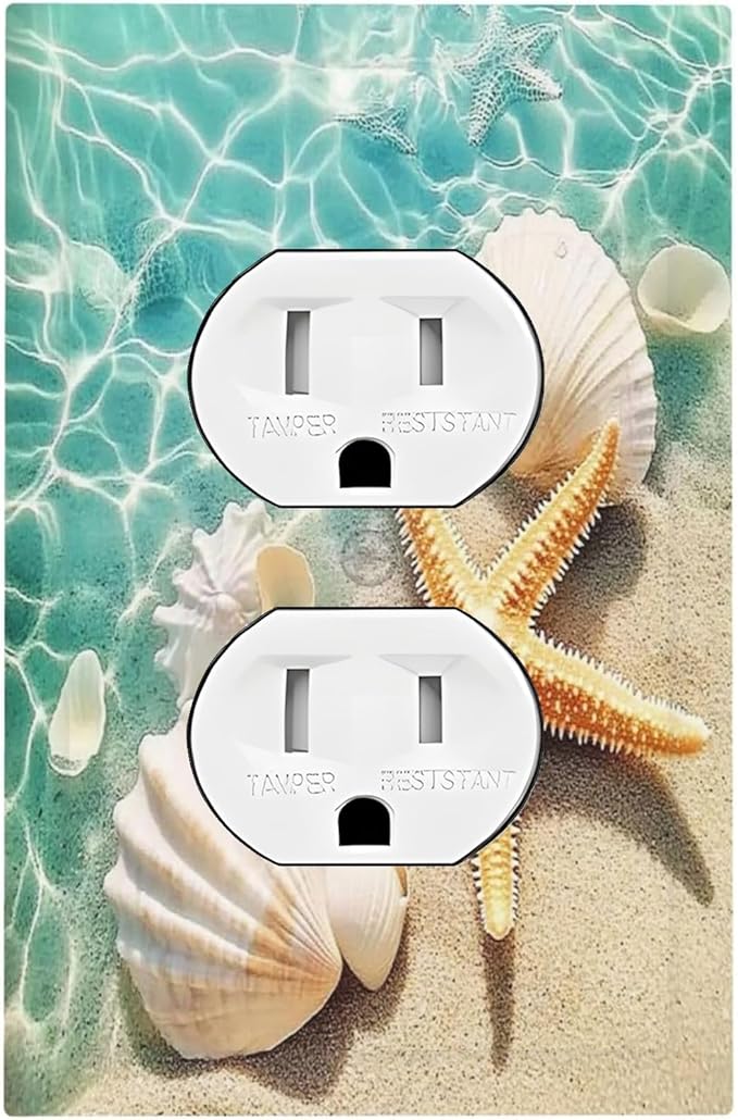 Outlet Covers Sea Shells And Star Fish In Ocean Beach 1 Gang Duplex Light Switch Cover Decorative Switch Plates Electrical Receptacle Faceplate Wall Plate For Bathroom Home Decor
