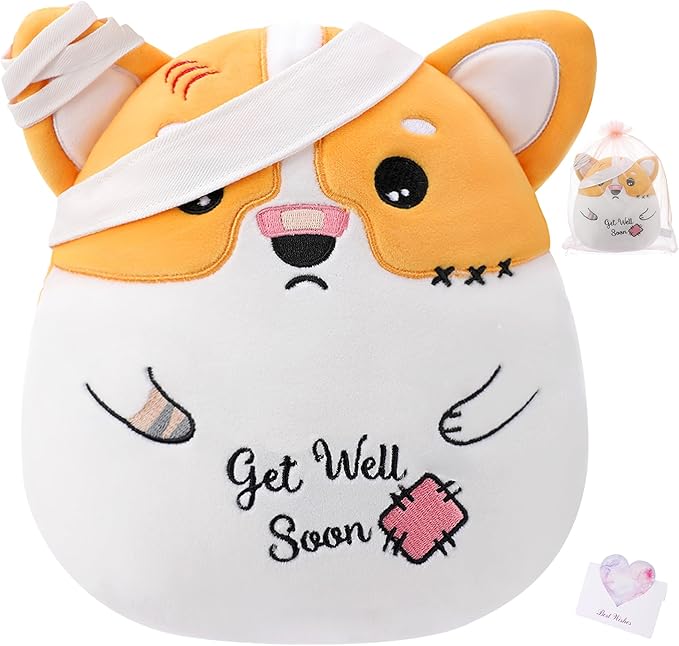 Get Well Soon Dog Plush - Dog Stuffed Animals Corgi Plushie Toys with Injury Bandage, Kids' Pillow Cushion, Gifts for Patient Girls Boys, 9 Inch