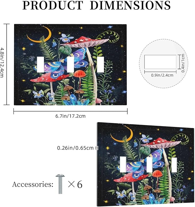 Hippie Mushroom Boho Starry Moon Night Stars Butterfly Vintage Floral Triple Toggle Decorator Outlet Light Switch Wall Plate Cover Decorative 3 Gang Jumbo Size Three Device Receptacle Faceplate Cover