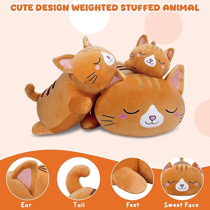 TOYSYM Weighted Stuffed Animals Cat, Orange Cat Plush with Weighted Beads, Cute Cat Plushie Pillow Gifts for Adults Kids Boys Girls