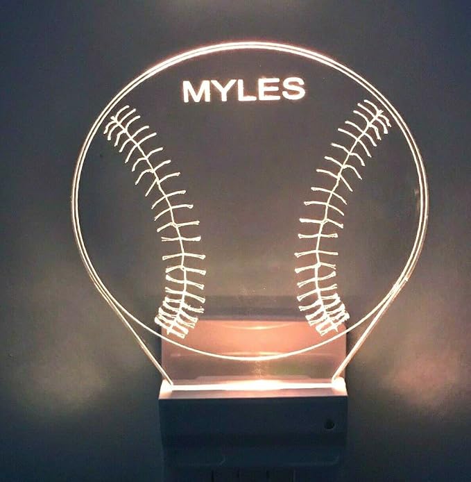 MIRROR MANIA Night Light Multi Color Personalized LED Plug-in, Ultra-Slim Touch Night Light Smart Dusk to Dawn Sensor, Kids Children's Bedroom Kitchen Bathroom Hallway Play Room Variations (Baseball)