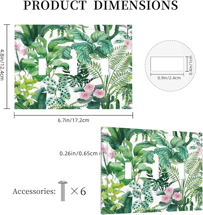 Tropical Palm Leaves Green Jungle Botanical Floral Flowers Decorative Switch Plates 3 Gang Wall Plate Triple Toggle Light Switch Cover Faceplate Electrical Wall Panels for Bedroom Living Room Decor