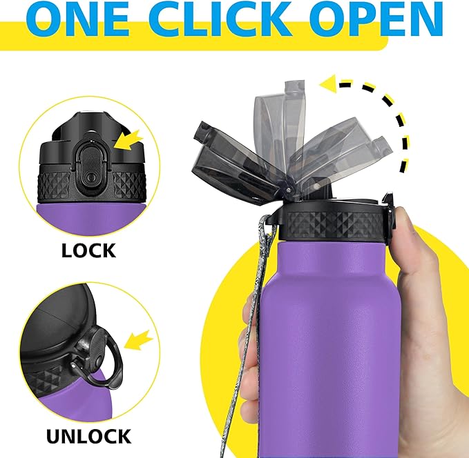 han's bottle Sports Water Bottle - 32 Oz, Straw Lid, Leak Proof, Vacuum Insulated Stainless Steel, Double Walled, Thermo Mug,Purple