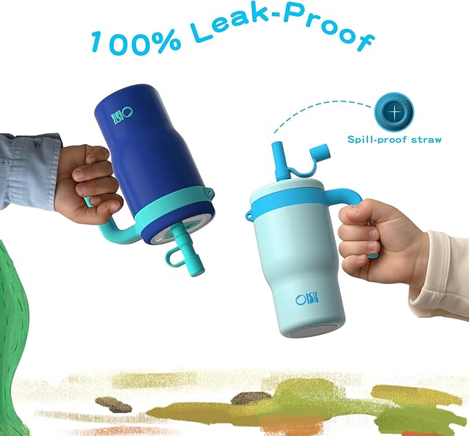OISIZ 14oz Kids Tumbler with Straw Lid & Handle,Kids Cup with Animal Accessory for School,Kids Water Bottles with Dust-proof Cover,Leakproof Bottles,316 Stainless Steel,Keep Cold 24 Hours-sky blue