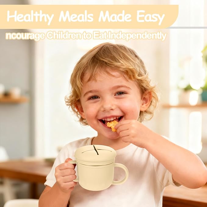 Toddler Snack Containers Stainless Steel Spill-Proof Snack Containers for Toddlers with Spill-Proof Silicone Lids and Handles 4-in-1 Baby Snack Cup is Dishwasher Safe for Easy use On The Go（Yellow）