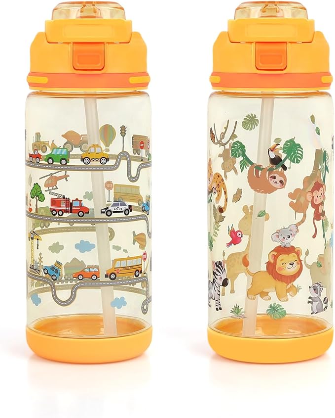 decalsweet Kids Water Bottle 20oz Durable Leak-Proof Plastic Water Cup for Kids Toddlers,With Straw Handle and Pop-Up Spout Cover,Safe for School Sports Daycare Travel & Camp Pack of 2