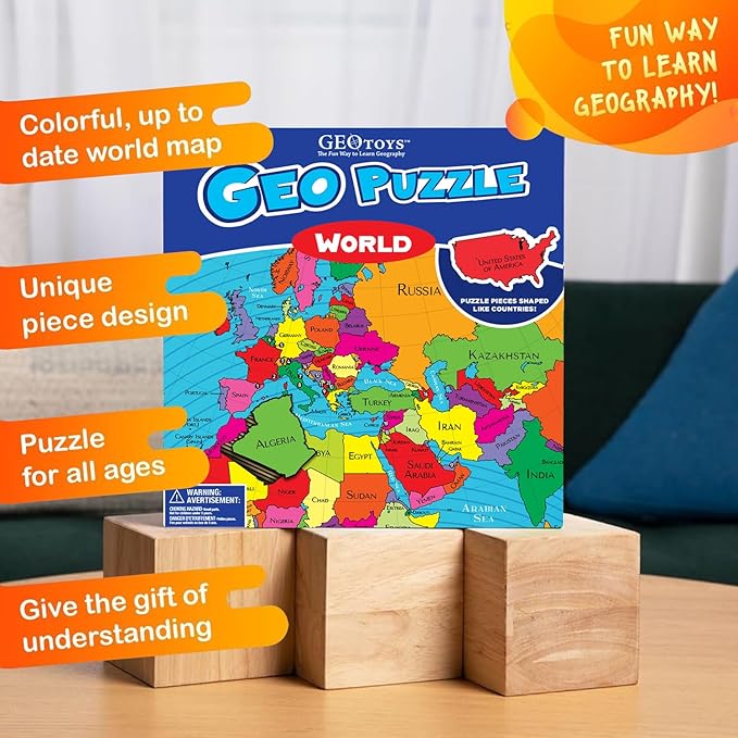 GeoToys GeoPuzzle, World Jigsaw Puzzles, 68 Pc Geography Game & Map Puzzle, Educational Games & Kids Learning Activities, Puzzle Gifts for Children Ages 6-9, Fun Learning Toys for Kids