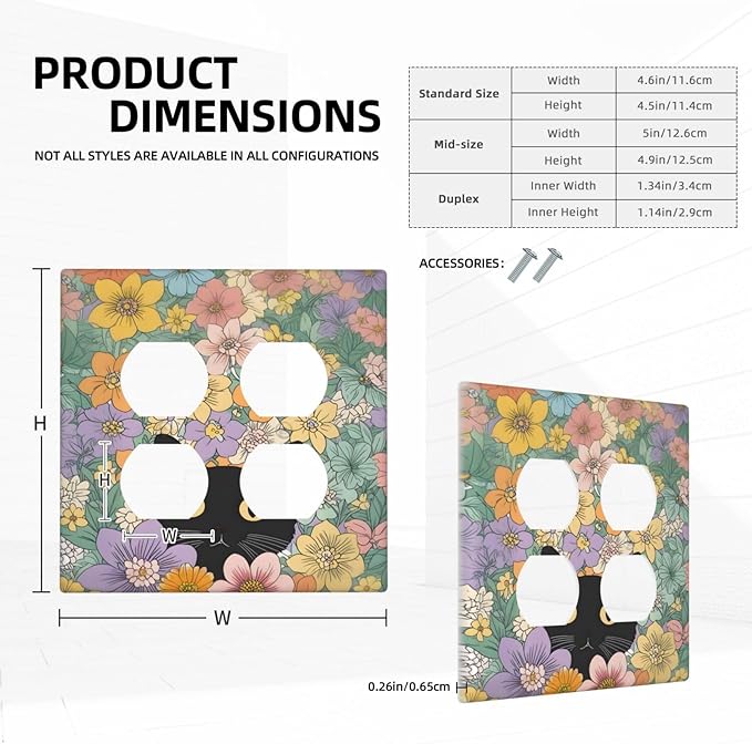 Outlet Covers Funny Cute Cartoon Cat Floral Colorful Flower 2 Gang Double Duplex Decorative Light Switch Covers Electrical Wallplates Socket Faceplate For Kids Room Nursery Decor