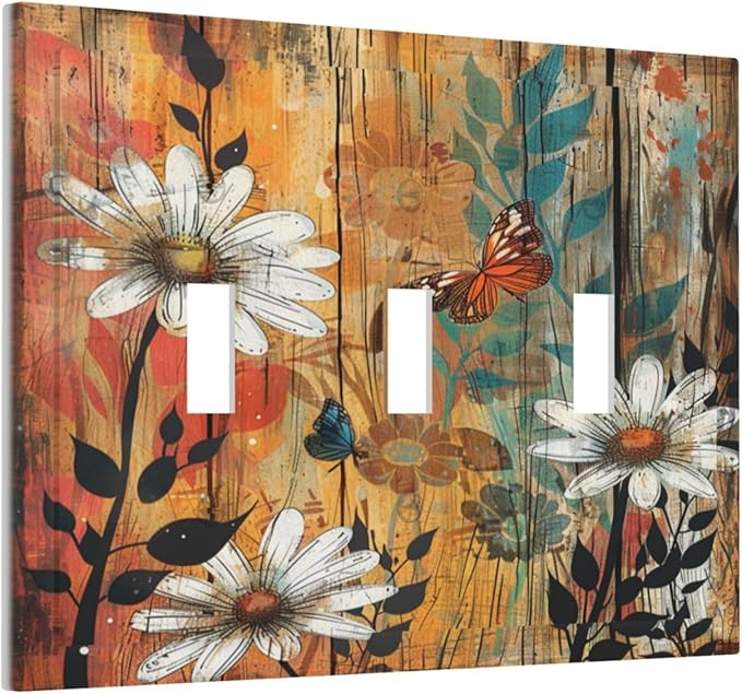 Light Switch Cover Plate Vintage Wooden Daisies Butterflies Floral 3 Gang Triple Toggle Decorative Switch Plates Wall Plates Electrical Switchplate Faceplate for Bathroom Farmhouse Decor