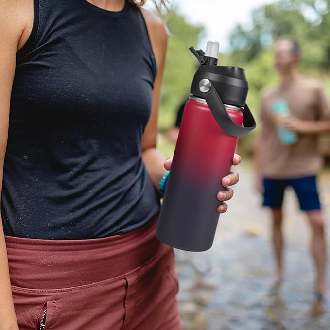 Fijinhom 24oz Insulated Stainless Steel Water Bottle, Wide Mouth Double Wall Vacuum, Silicone Straw, Sweat & Leak Proof, BPA Free Insulated Water Flask for Travel, Keep Cold 24h Hot 12h, Red