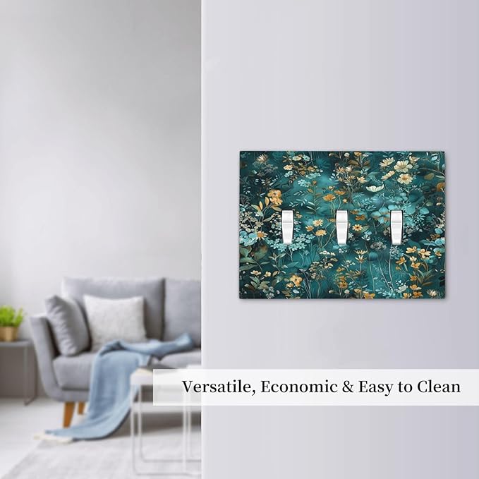 Decorative Switch Plates Green Leaf Floral Boho Golden Flower Plant 3 Gang Wall Plate Triple Toggle Light Switch Cover Faceplate Electrical Wall Panels For Bed Room Cabin Decor
