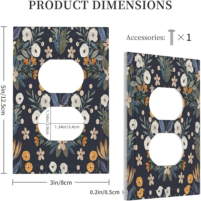 Boho Leaf Floral Navy Blue Background Single Duplex Wall Plate Covers Light Switch Cover 1 Gang Outlet Plate Decorative Switchplate Covers Electrical Faceplate for Farmhouse Bedroom Bedroom Decor