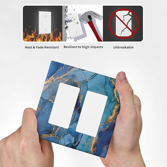 Blue Marble Double Rocker Wall Plate Decorative 2 Gang Light Switch Cover Modern Ombre Watercolor Ink Art Gfci Electrical Switchplate Home for Bathroom Bedroom Kitchen Decor 4.6"X4.5"