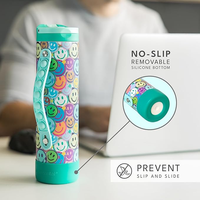 Elemental Iconic Kids Water Bottle for School - 100% Leak-Proof Insulated Water Bottles with Straw Lid & Pop-It Handle for Boys & Girls - Triple-Wall Insulated & BPA-Free, 20oz – Graffiti Smile