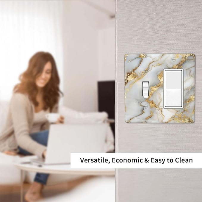 Luxurious White Gold Marble Patterns Abstract Outlet Covers 1 Toggle 1 Rocker Combination Decorative Wall Plate Electrical Switch Plates Light Switch Cover Plate for Bathroom Kitchen Decor