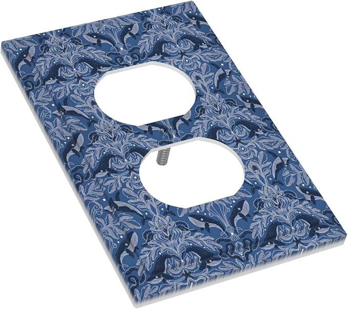 Blue Modern Nautical Art Whale Fish Ocean Damascus Outlet Covers 1 Gang Duplex Light Switch Cover Decorative Switch Plates Electrical Receptacle Faceplate Wall Plate for Bedroom Living Room Decor