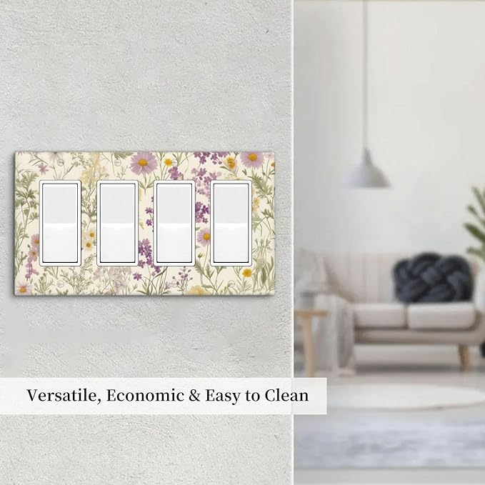 Watercolor Floral Leaves 4 Gang Light Switch Cover Plate Small Purple Flowers Daisies Quad Rocker Outlet Covers Switchplates Decorative Electrical Faceplate for Bedroom Kitchen Living Room Decor