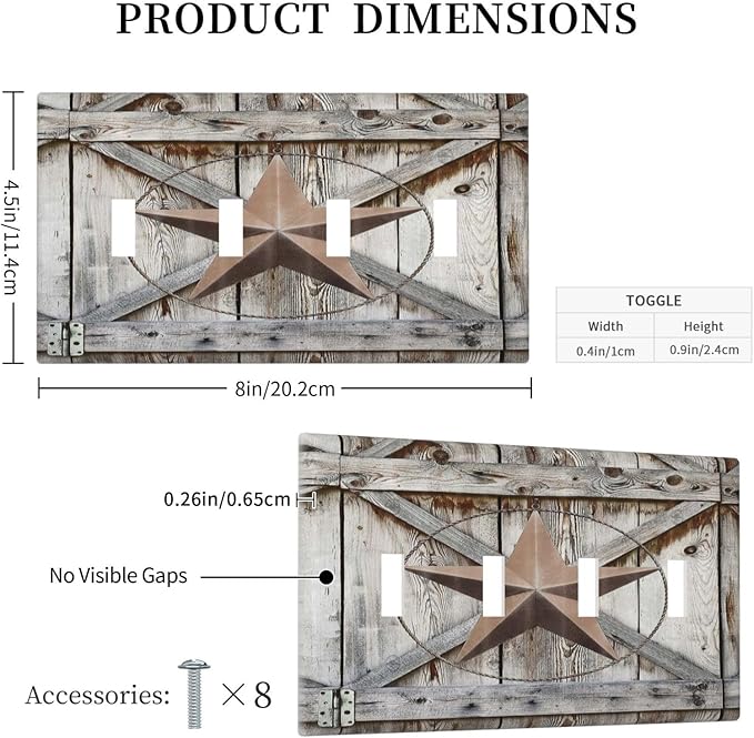 Rustic Western Texas Star Barn Door Quad Toggle Light Switch Cover Decorative Vintage Country Wood 4 Gang Wall Plate Electrical Faceplate Switchplate for Farmhouse Bathroom Home Living Room Decor