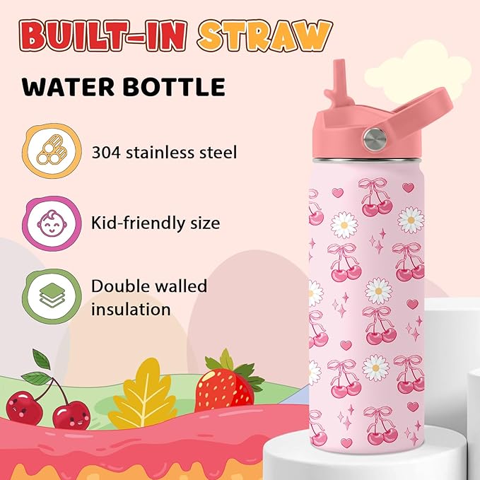 Cherry Gifts for Girls - 18oz Pink Water Bottle with Straw Lid, Stainless Steel Insulated Tumbler, Leakproof, BPA-Free, for Women, Travel - Cherry Lovers Birthday Gift Cup (1pc)