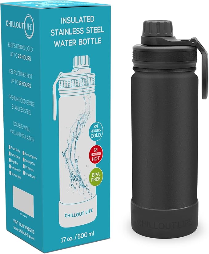 CHILLOUT LIFE 17 oz Kids Insulated Water Bottle for School with Leakproof Spout Lid and Cute Waterproof Stickers, Personalized Stainless Steel Thermos Flask Metal Water Bottle, Black