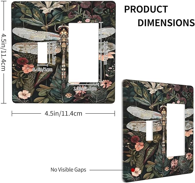Vintage Dark Green Dragonfly Flowers Floral Botanical Outlet Covers 1 Toggle 1 Rocker Combination Decorative Wall Plate Electrical Switch Plates Light Switch Cover Plate for Farmhouse Home Decor