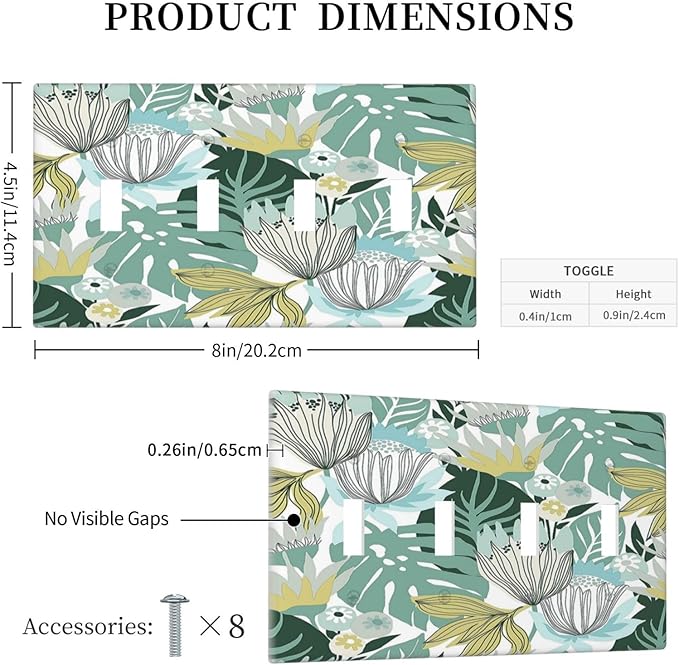 Retro Tropical Leaves 4 Gang Wall Plate Quad Toggle Light Switch Cover Decorative Outlet Covers Electrical Light Switches Faceplate for Bedroom Bathroom Kitchen Decor