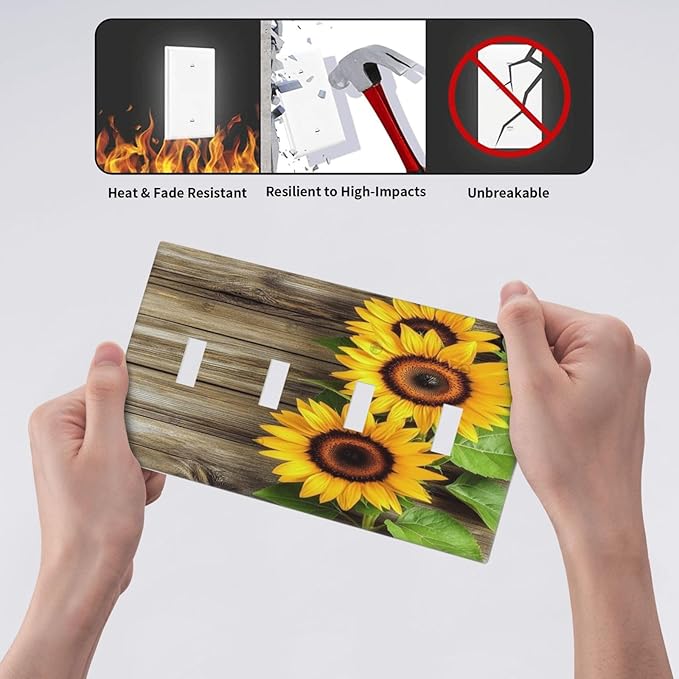 Light Switch Covers Sunflowers Rustic Wood Quad Toggle Electrical Faceplate 4 Gang Wall Plate Decorative Switch Plates For Farmhouse Cabin Decor