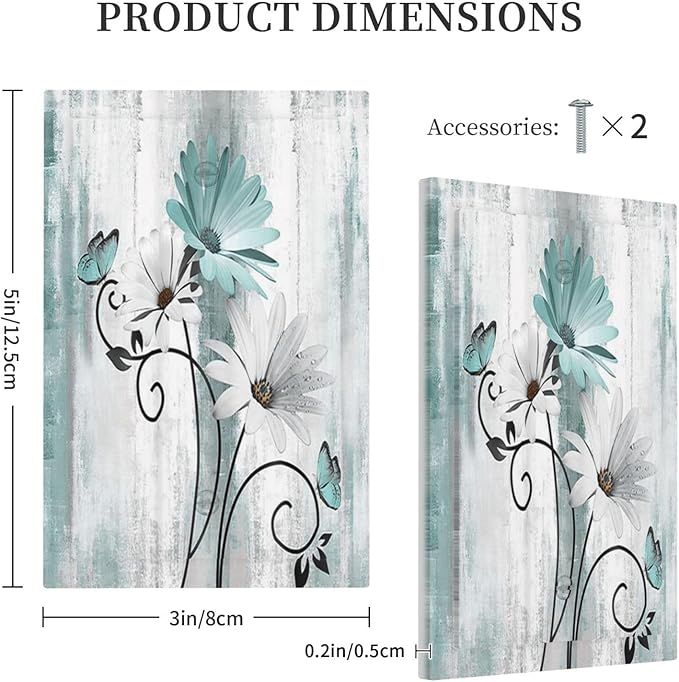 Teal Daisy Vintage Flower Butterfly Rustic Wood Print Light Switch Cover Plate 1 Gang No Device Blank Electrical Wall Plates Faceplate Decorative Switch Plate for Farmhouse Home Decor