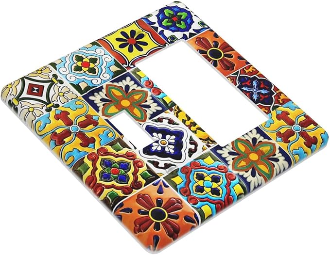 2-Gang 1-Toggle 1-Decorator/GFCI Device Combination Wallplate Colorful Mosaic Moroccan Mexican Boho Talavera Floral Ceramic Tile Combo Rocker/Toggle Receptacle Outlet Light Switch Cover Face Plate