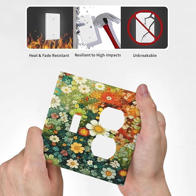 Light Switch Cover Plate Colorful Flowers Green Plants Meadow Floral 2 Gang Decorative Switch Plates 1 Toggle Duplex Combo Outlet Covers GFCI Wall Plates for Bathroom Bedroom Decor