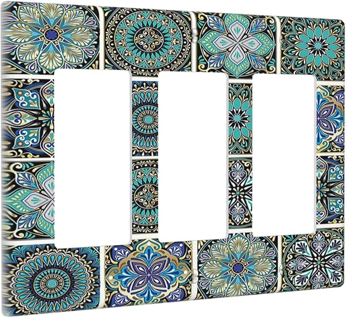 Light Switch Covers Mandala Decorative Rustic Vintage Turquoise Pattern 3 Gang Rocker Electrical GFCI Decorative Triple Outlet Wall Plate Cover Switchplate for Bedroom Bathroom Decor